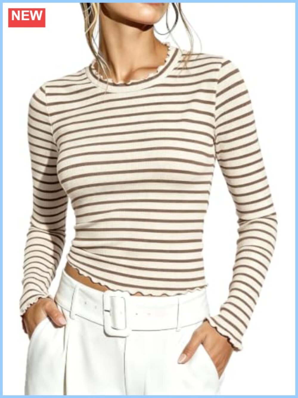 Women's Striped Long Sleeve Ruffle Trim Crew Neck Fitted T-Shirt Casual Top